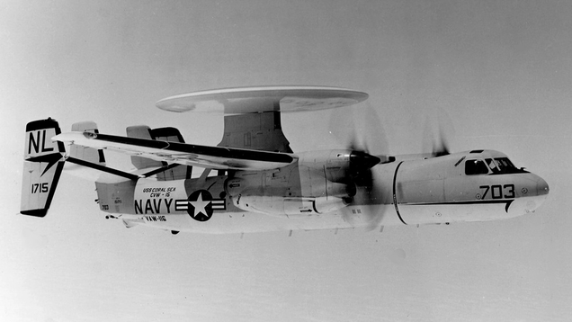 A Grumman E-2A Hawkeye, the aircraft that formed the basis for the C-2 Greyhound. The Greyhound had a larger fuselage to accommodate more cargo and fuel, and rear cargo door was added. (US Navy)